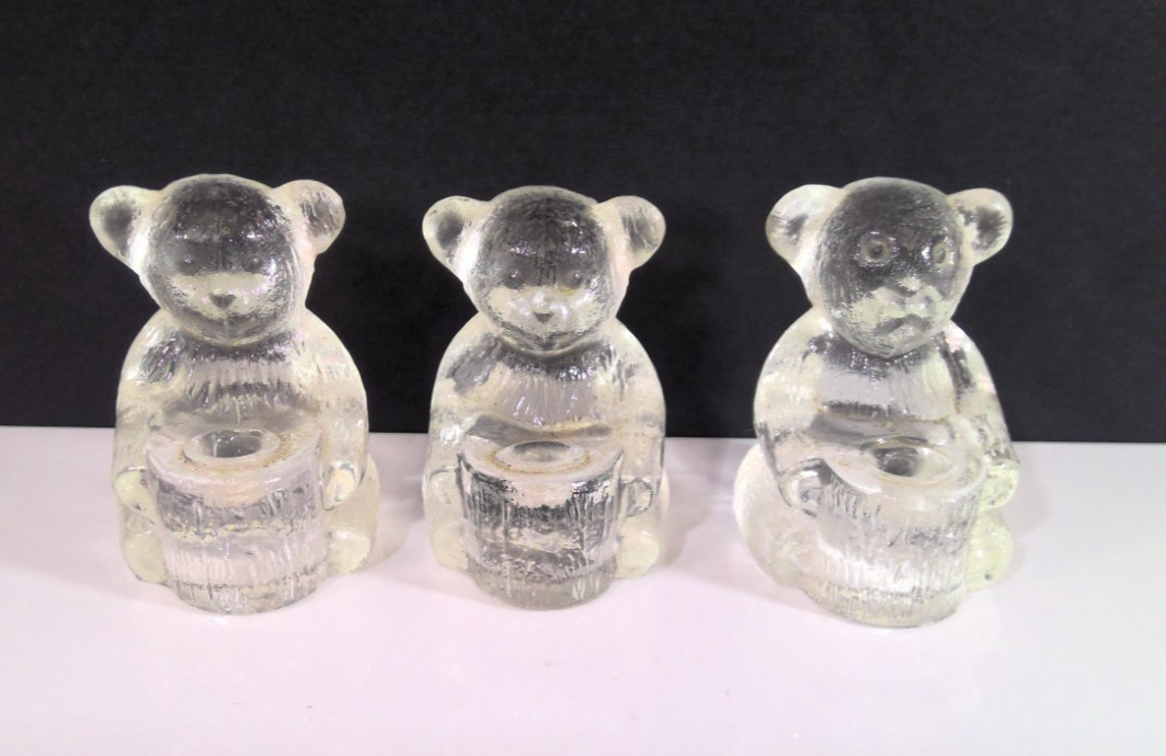 Vintage Pressed Glass Mini Teddy Bear Taper Candle Holders Set of 3