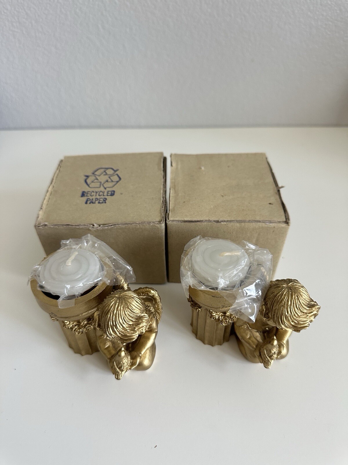Two\'s Company Gold Cherub Angel Tea Light Candle Holders Set of 2 with Box