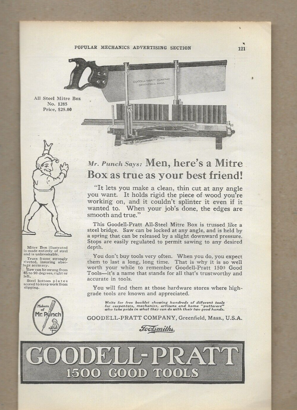 GOODELL-PRATT CO. TOOL ALL STEEL MITRE BOX NO. 1285 MR. PUNCH .1