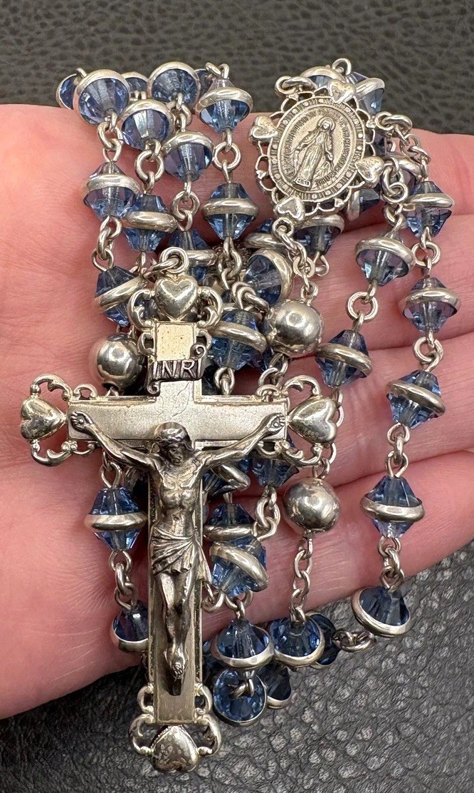 VTG Creed Heavy Sterling Silver Rosary Blue Glass Crystal Beads Hearts Crucifix