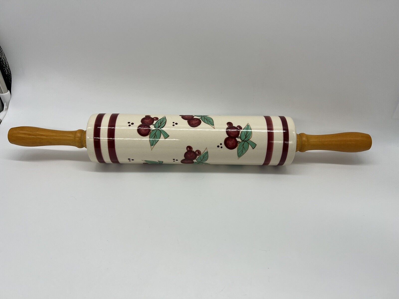 Vintage Ceramic Rolling Pin with Red Cherries and & Wooden Handles 18.5