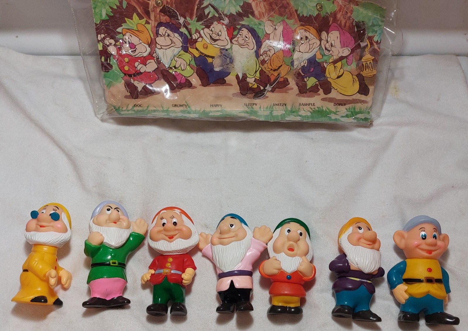 VTG Complete Set Disney Seven Dwarves Rubber 5in Squeeky Toy Orig Banner Pkg VTG Complete Set Disney Seven Dwarves Rubber 5in Squeeky Toy Orig Banner Pkg