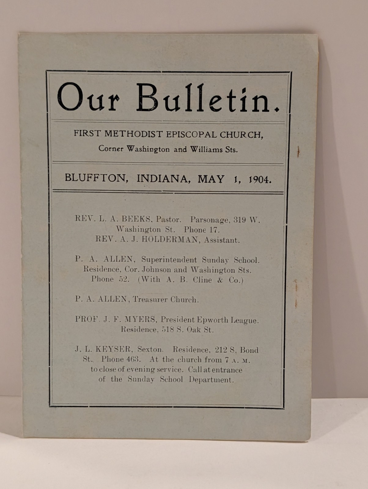 1904 Bluffton, IN First Methodist Episcopal Church Bulletin Ephemera Genealology