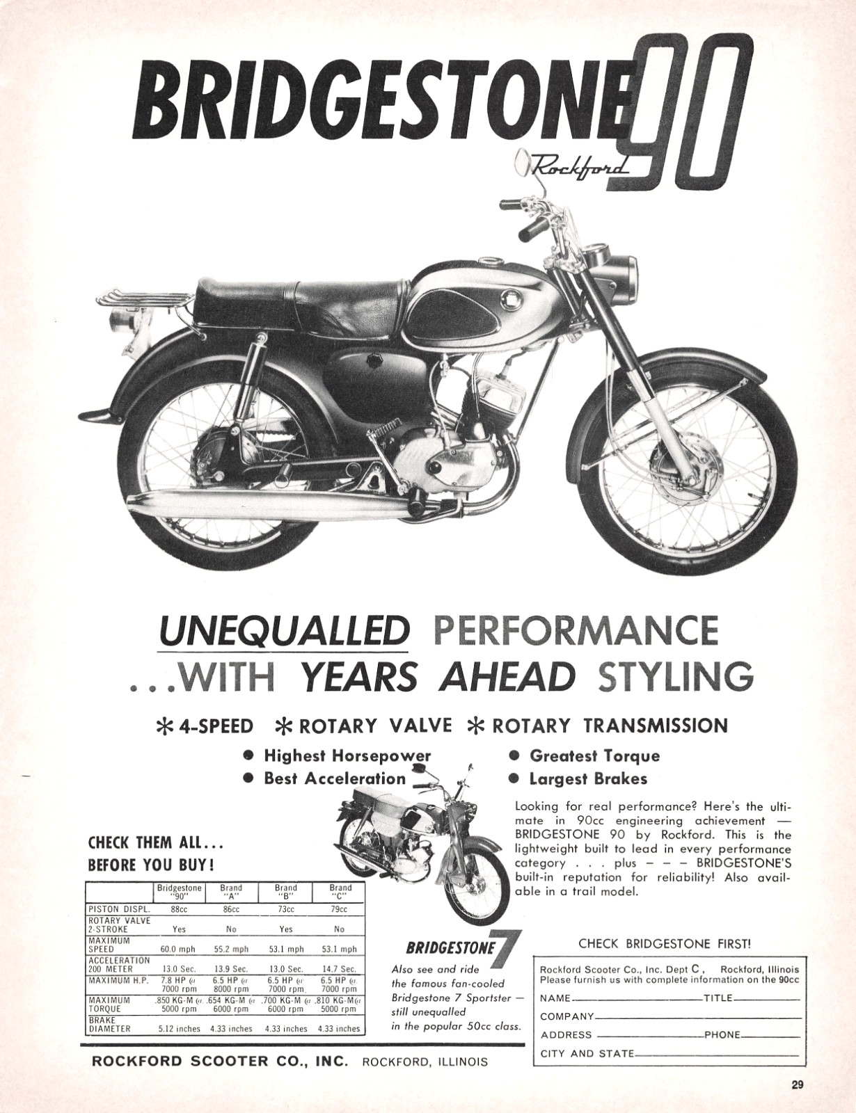 Bridgestone 90 Rockford Scooter Co Illinois Rotary Valve 1964 Vtg Mag Print Ad