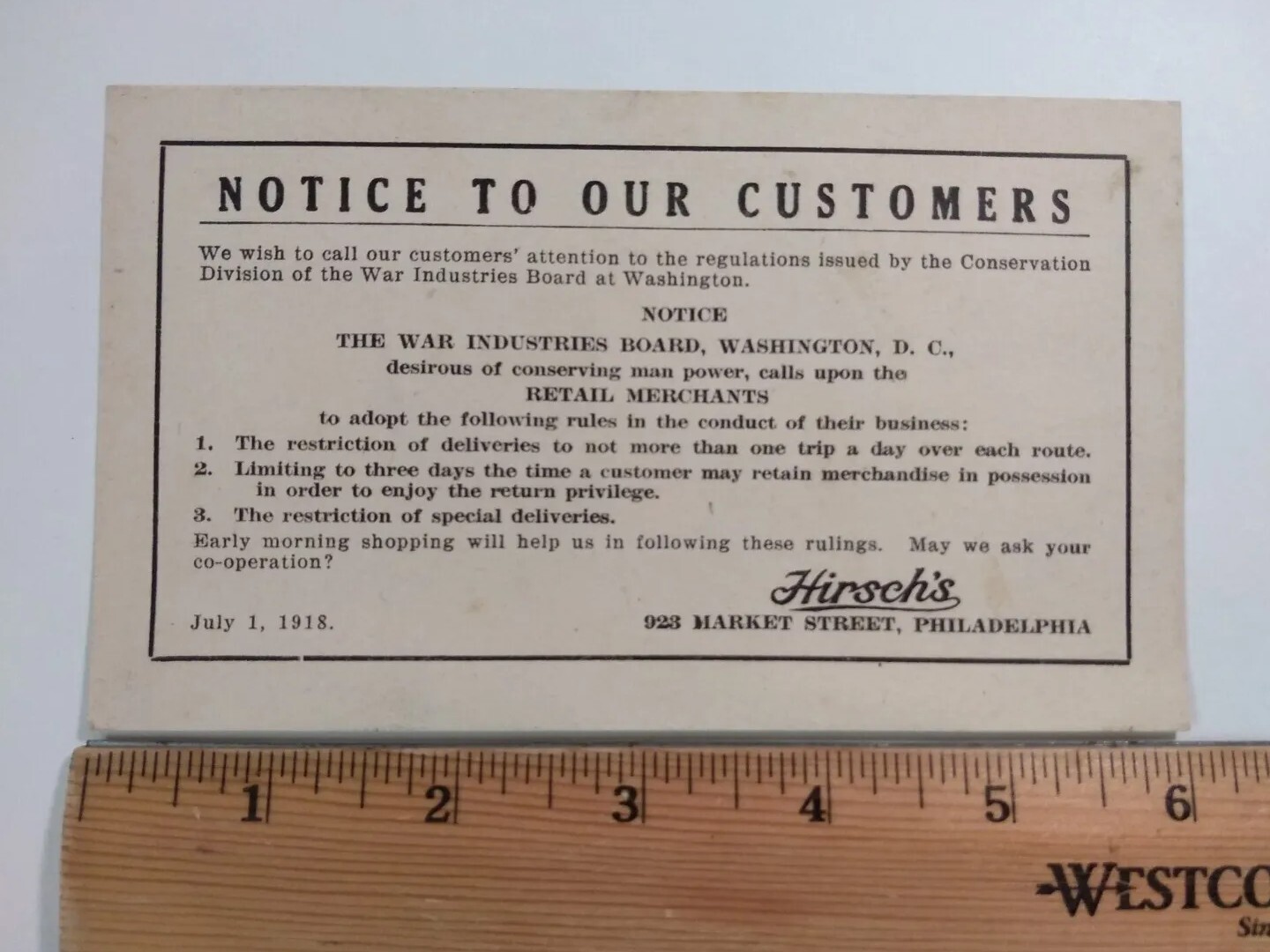 WWI Ephemera 1918 War Industries Board Shopping Notice Hirsch's Philadelphia PA