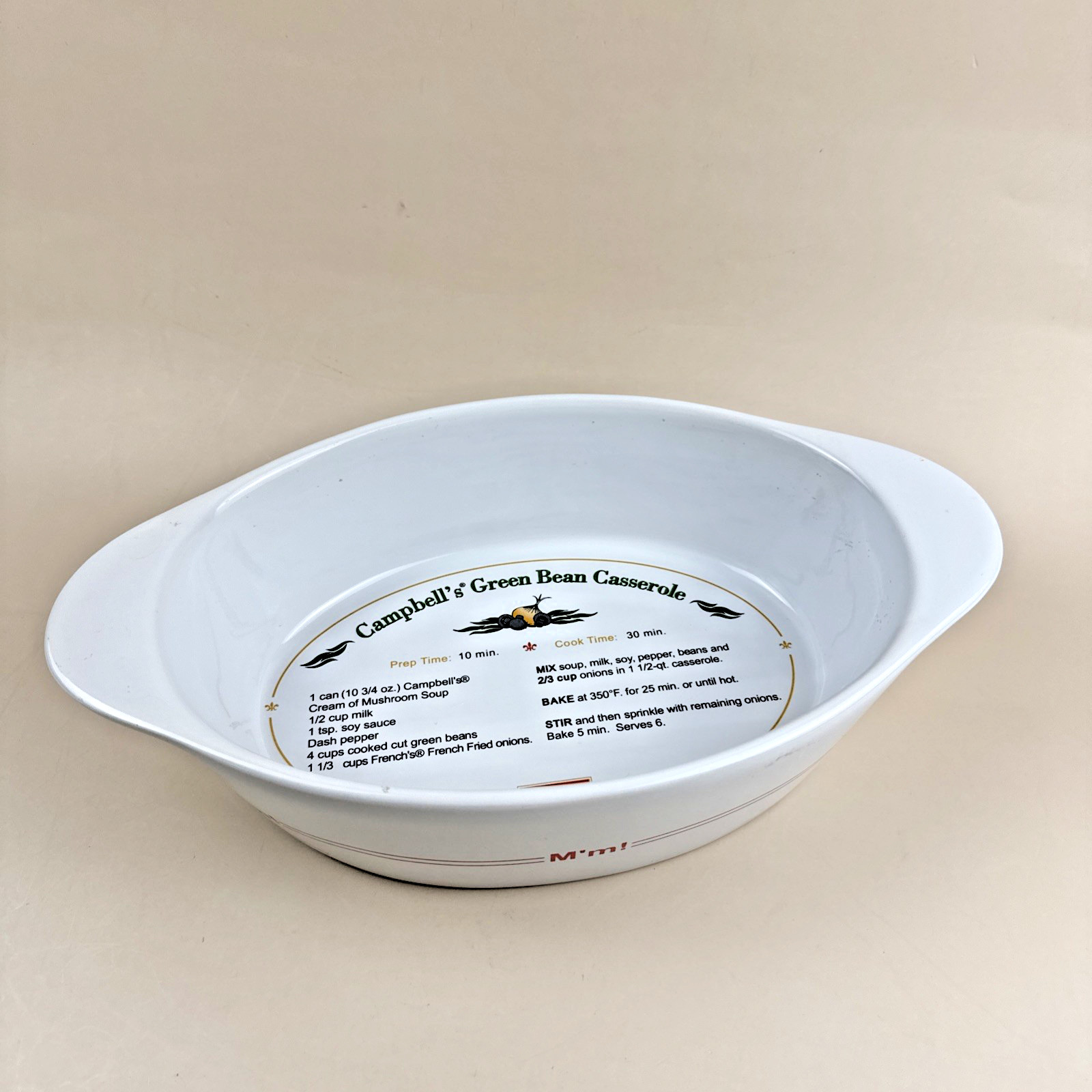 Campbell\'s Soup Oval Green Bean Casserole Dish With Recipe- 2008 Campbell\'s Soup Oval Green Bean Casserole Dish With Recipe- 2008