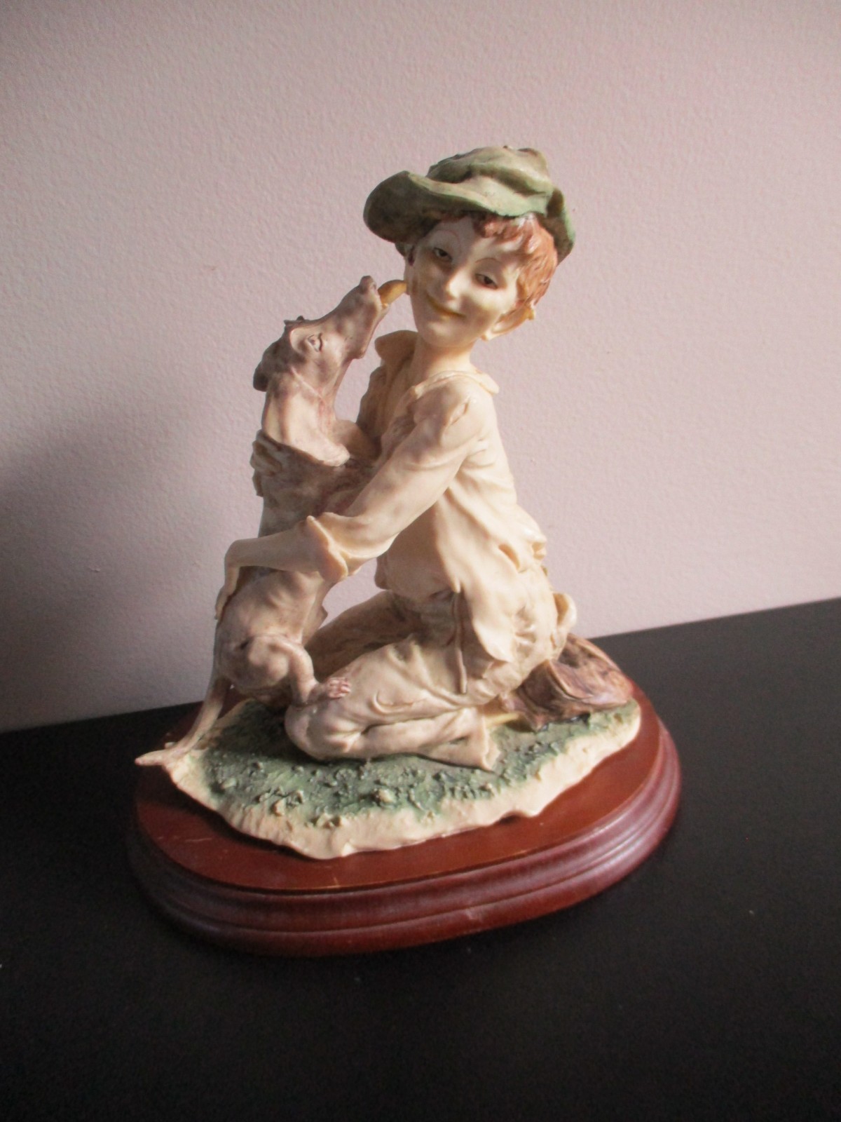 Vintage Boy w/Dog Heavy Resin Sculpture Statue Figure on Wood Base - 8.75\