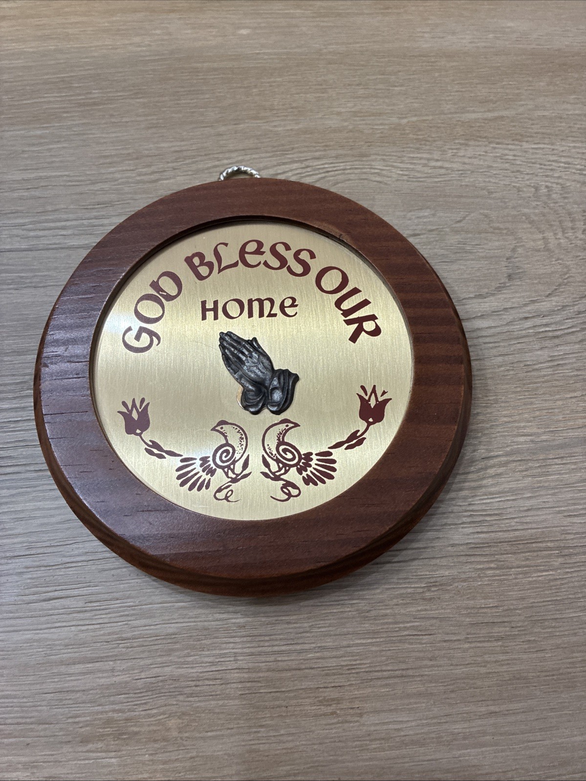 VTG God Bless Our Home Brass On Wood Hanging Sign Bible Wall Decor Cross 6.5”