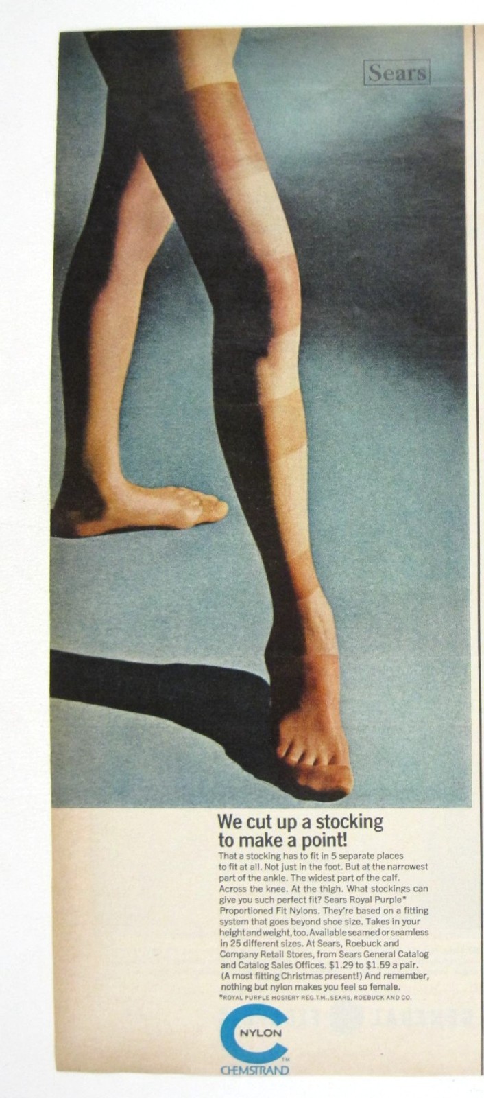 Print Ad Sears Royal Purple Stockings Proportioned Fit Nylons Vintage 1960s AD