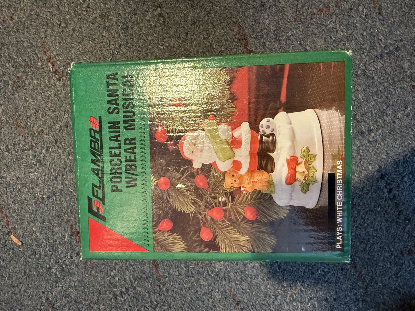 *VINTAGE*New Open Box Flambro1989 Porcelain Santa With Bear Christmas Music Box