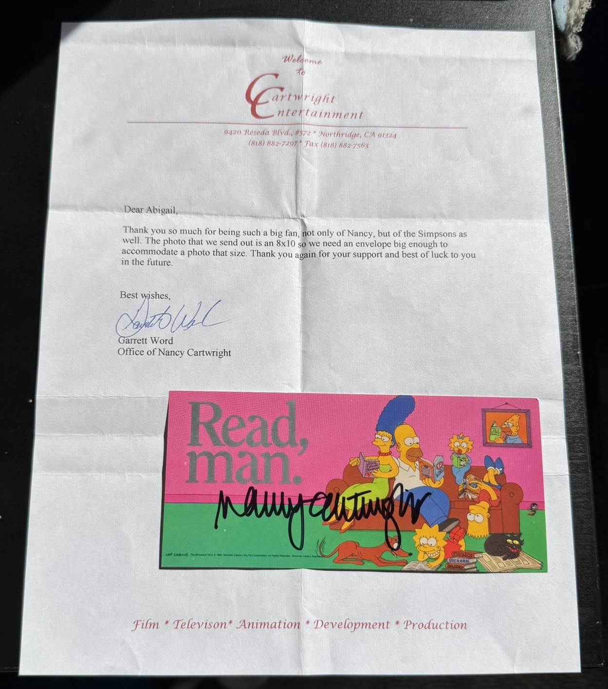Nancy Cartwright Signed Card The Simpsons Voice of Bart Simpson JSA COA Letter