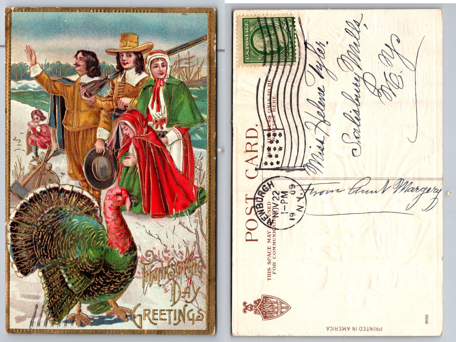 1909 Thanksgiving Day Pilgrims Turkey Salisbury Mills NY Postcard 1909 Thanksgiving Day Pilgrims Turkey Salisbury Mills NY Postcard