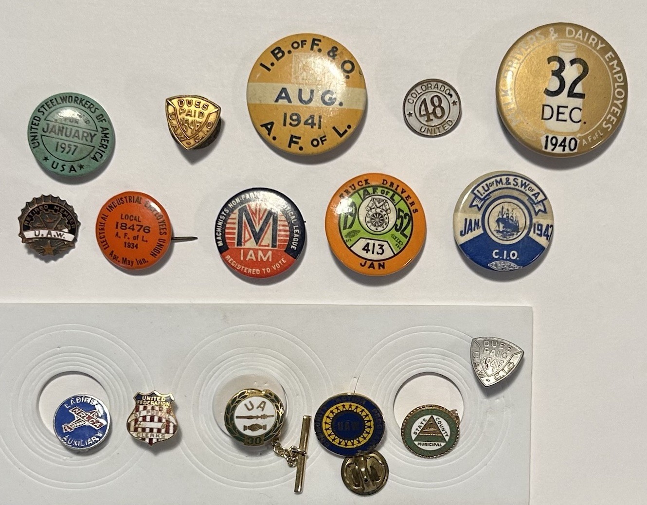 Vintage Labor Union Pins Buttons Lot Of 16 UAW CIO IAM AFL 1940s 1950s Celluloid