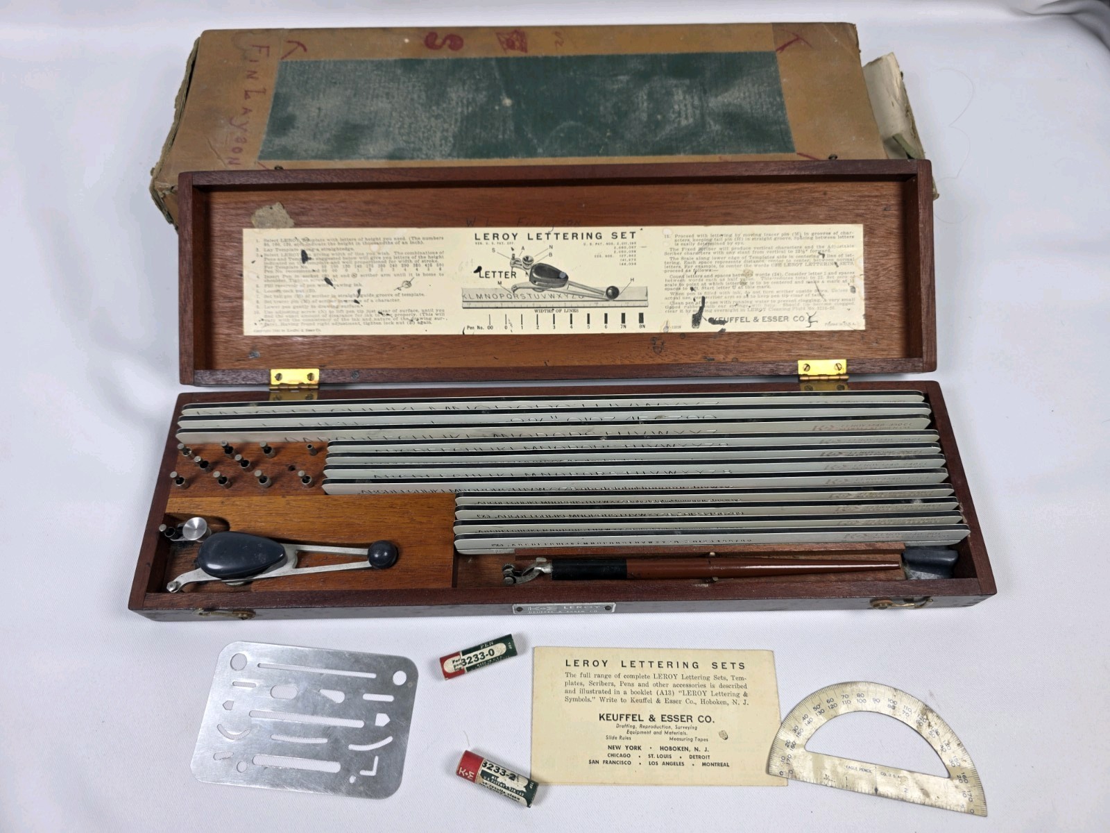 Vintage K&E Leroy Lettering Set Keuffel & Esser Drafting Templates Wood Case Box