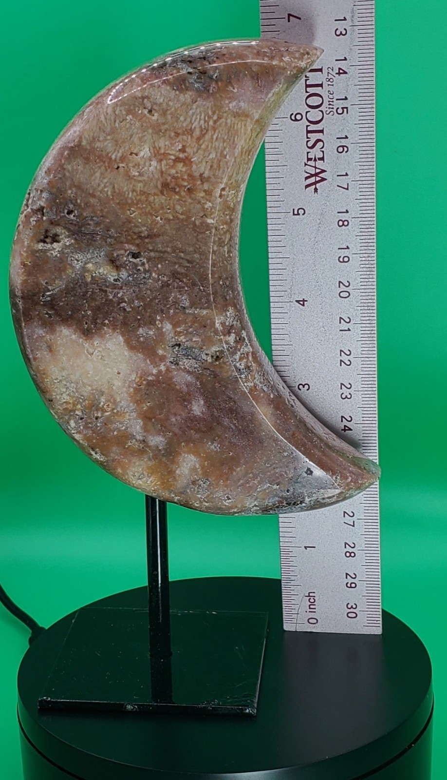 Polished Pink Amethyst Crescent Moon Crystal on Black Stand 7in 1.68lb Polished Pink Amethyst Crescent Moon Crystal on Black Stand 7in 1.68lb