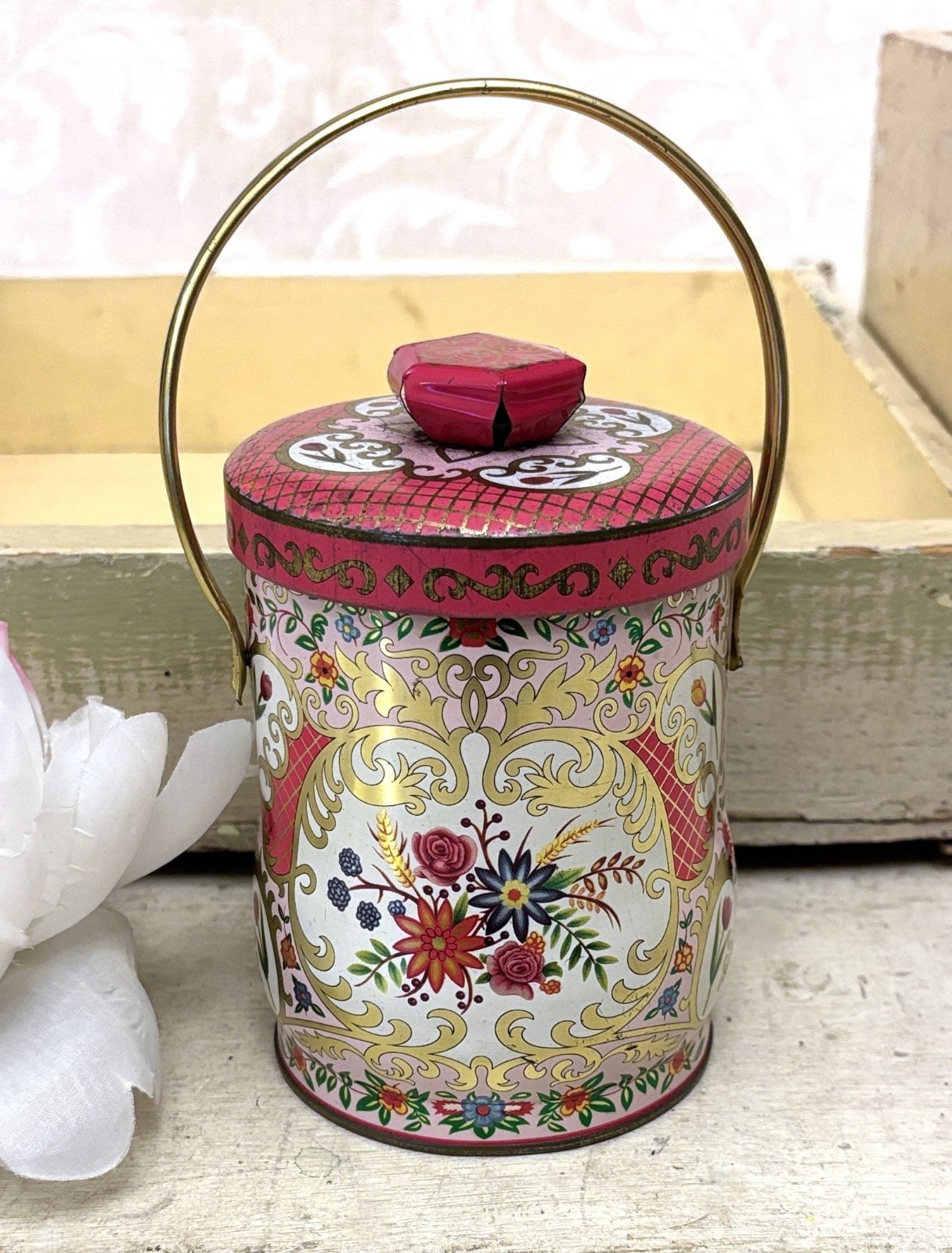 Beautiful Vintage Candy Tin Box Ornate Pink & White Floral w Handle Mid Century