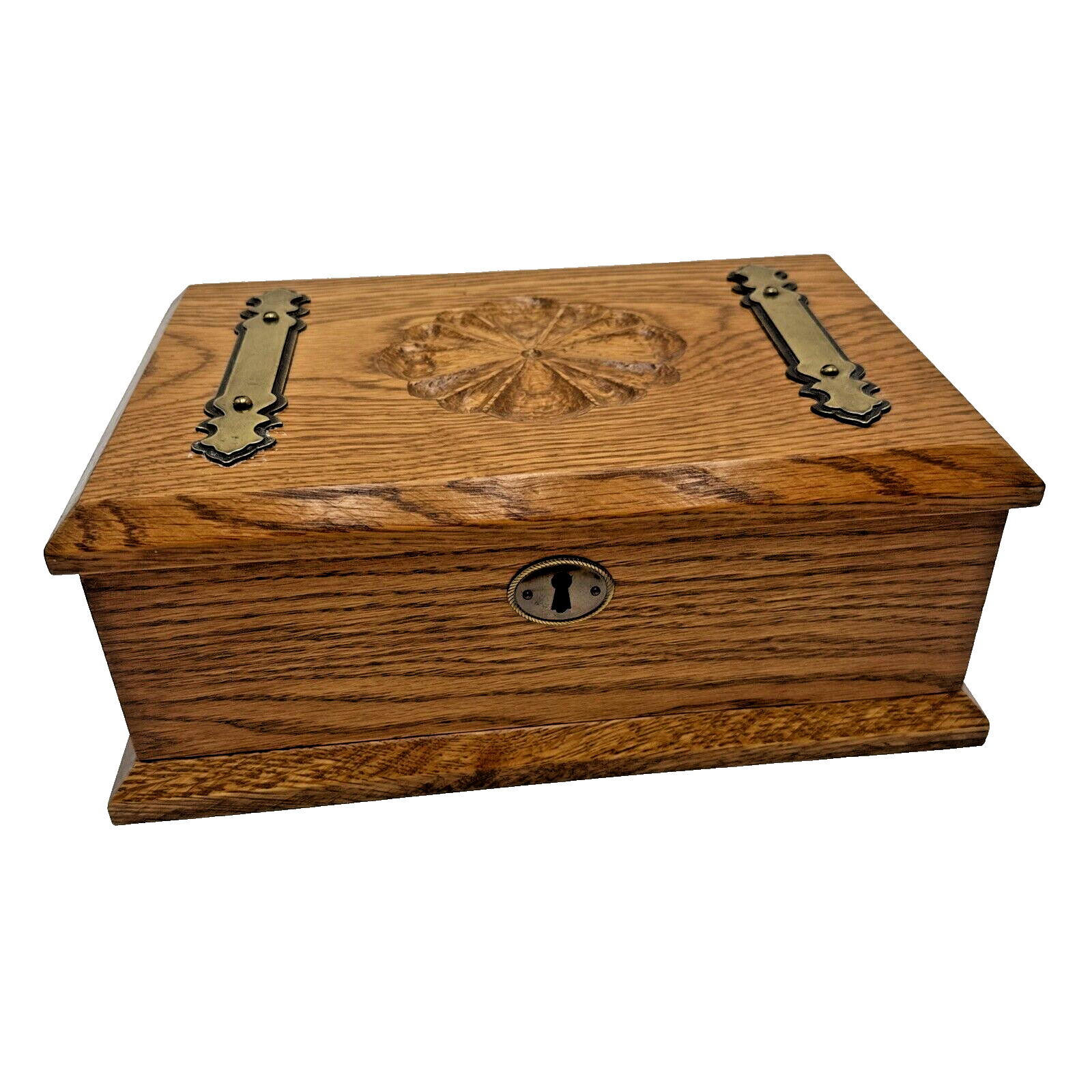 Solid OOAK Wood Oak Finish Jewelry Box W/ Carved Top & Aged Brass Tone Accents