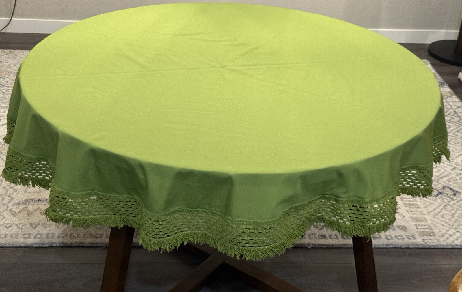 VTG Round Linen Tablecloth Olive Green Fringe Trim 60” Diameter VTG Round Linen Tablecloth Olive Green Fringe Trim 60” Diameter