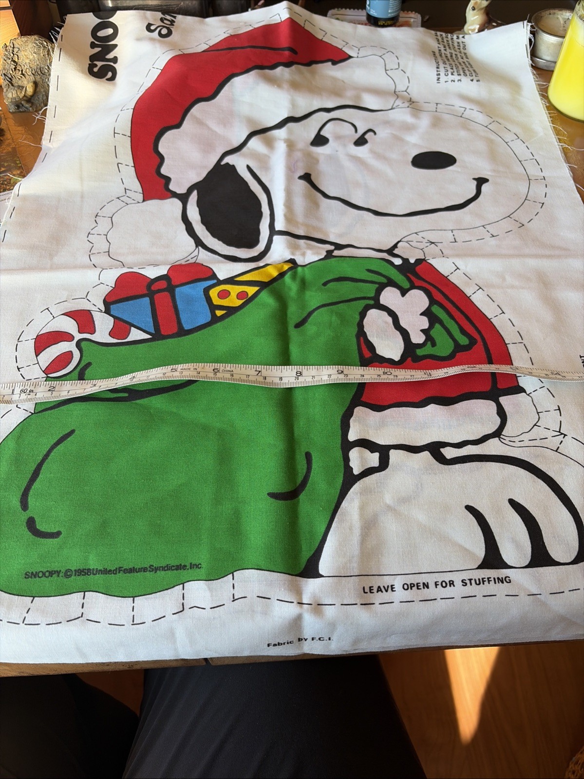 Vintage Snoopy Santa Claus Pillow Plush Fabric Sewing Panel  Christmas Peanuts