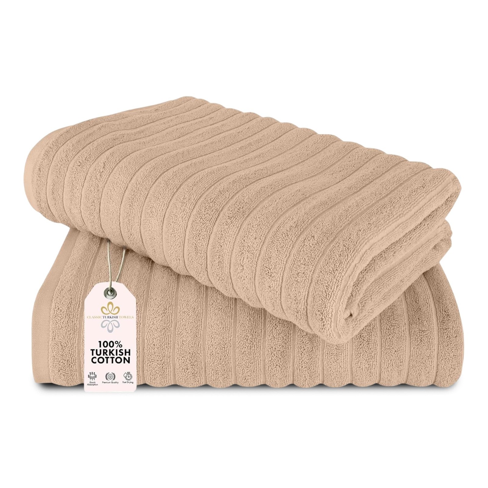Classic Turkish Towels 2 Pc Jumbo Bath Sheets 40x65 Almond Beige 100% Cotton