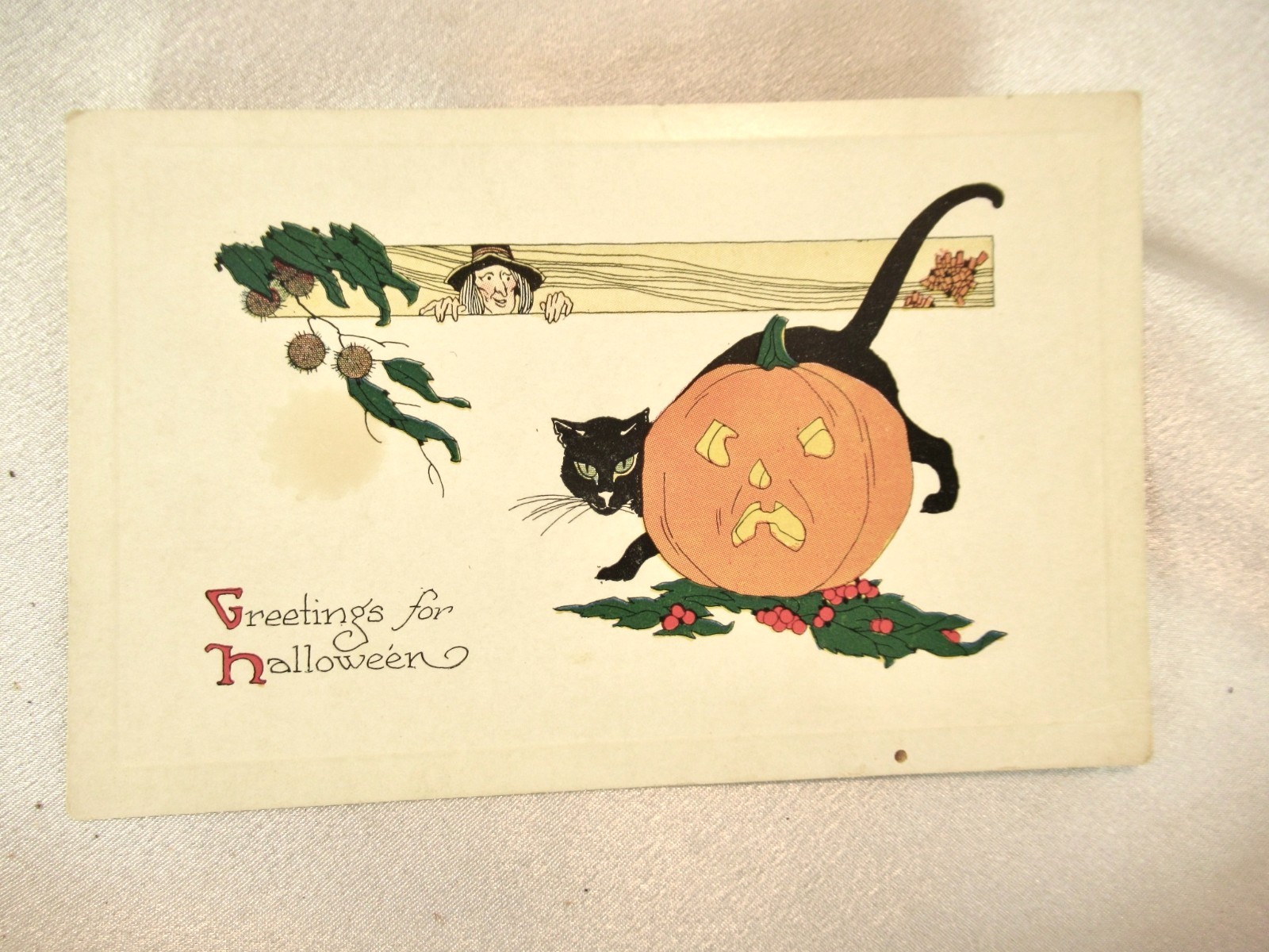 VTG 1920S GIBSON ART HALLOWEEN POSTCARD JACK-O-LANTERN PUMPKIN BLACK CAT WITCH