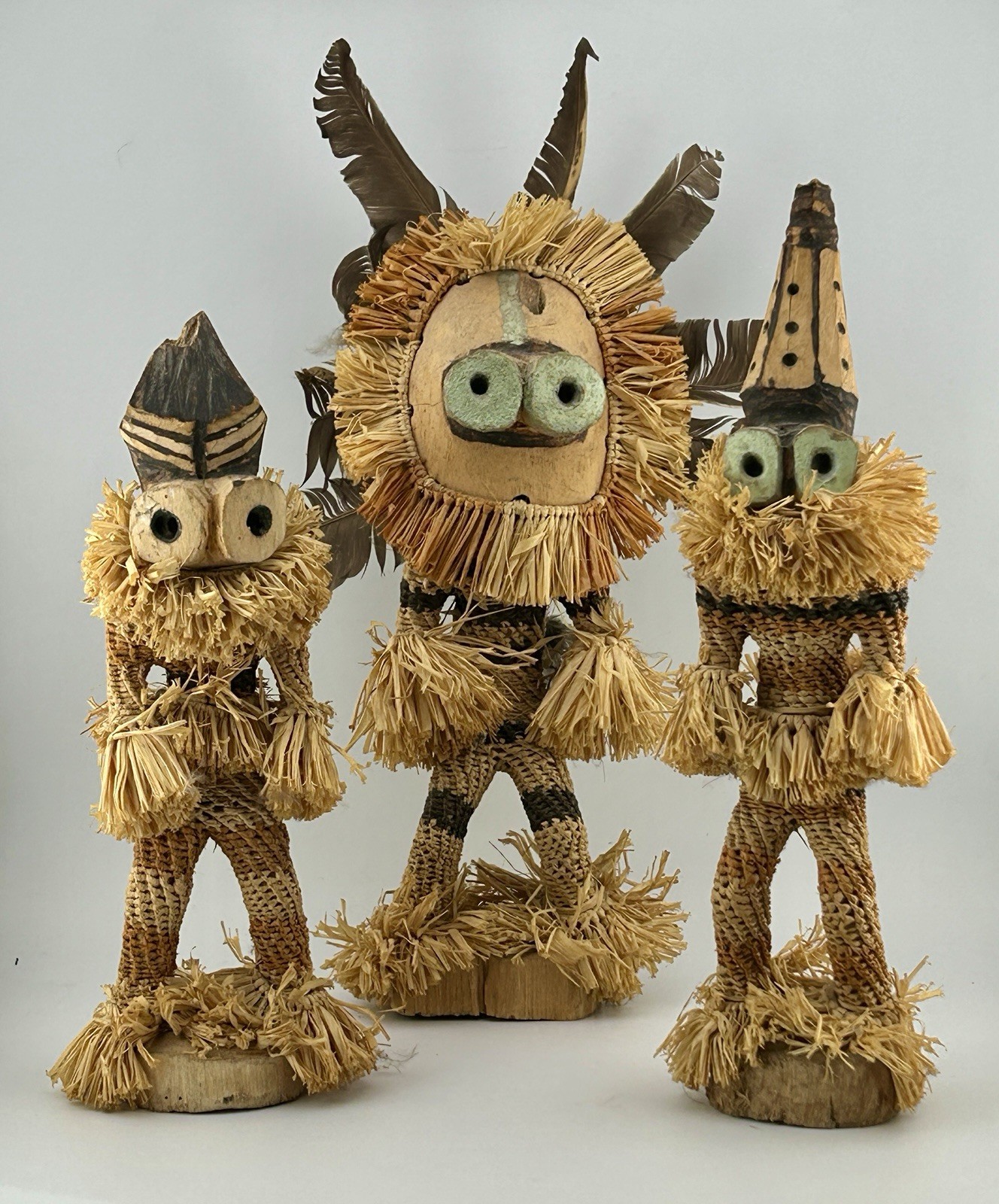African Pende Munganji Minganji Congo Raffia Wood Figurines Set 3 Spirit 70s VTG