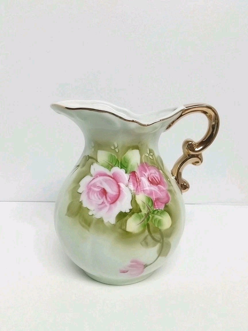 Vtg Lefton Green Heritage Pink Roses Pitcher #4578  Excellent Cond. Granny Chic 
