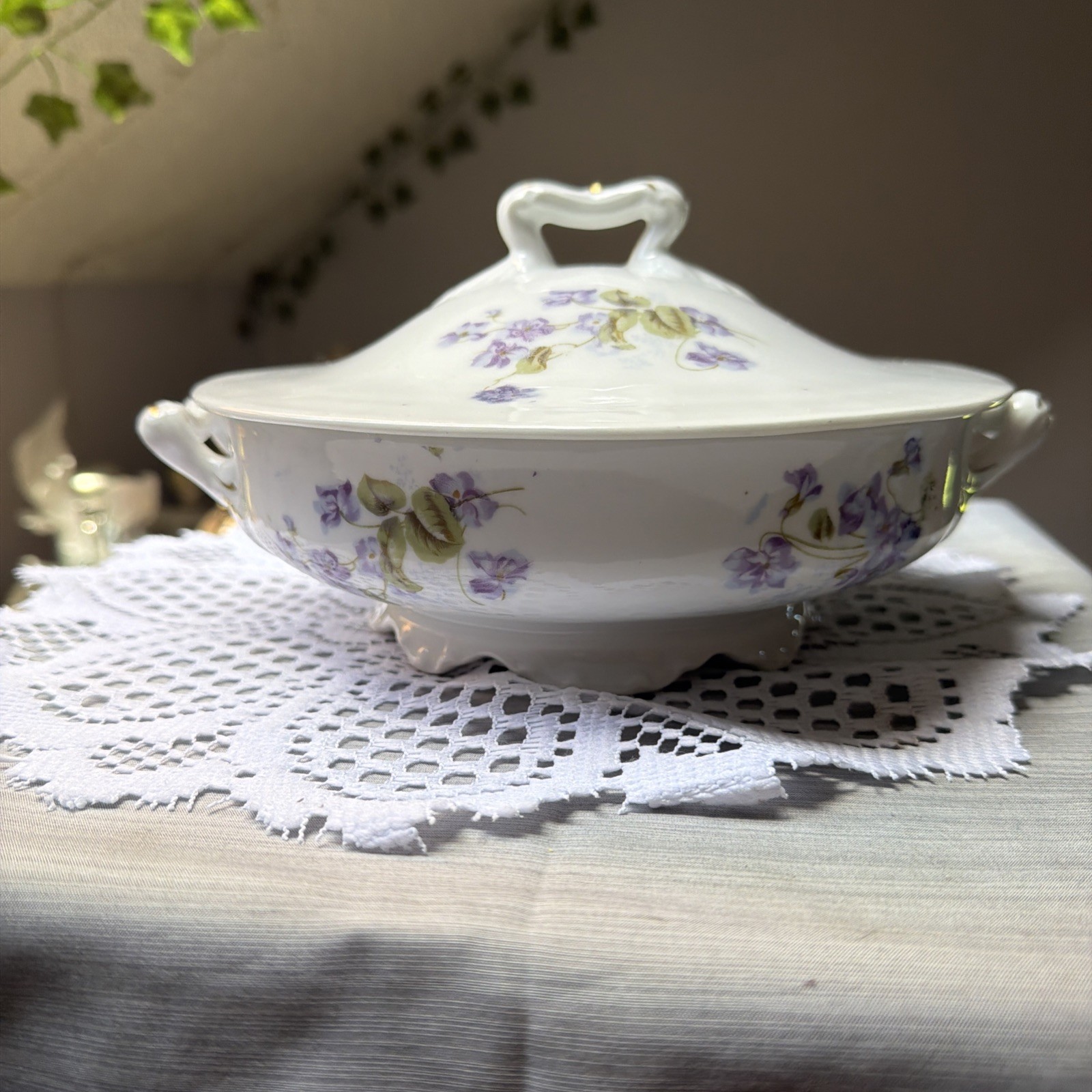 Antique Vienna Austria Porcelain Covered Dish Veggie Tureen Purple Violeta Gold