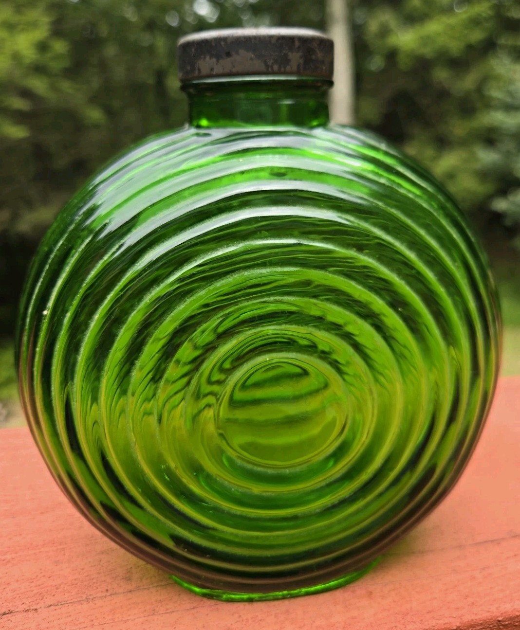 Vintage Owens-Illinois Green Glass Water Bottle, Concentric Circles 1930\'s