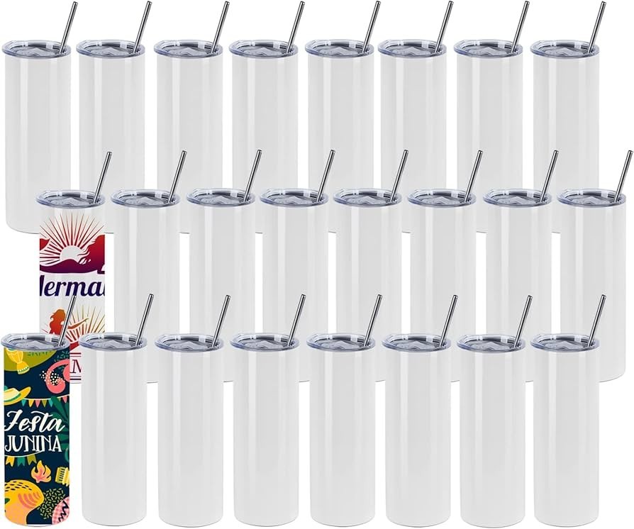 18 Pack Straight Sublimation Tumblers Bulk Blank 20oz Stainless Steel White Lid