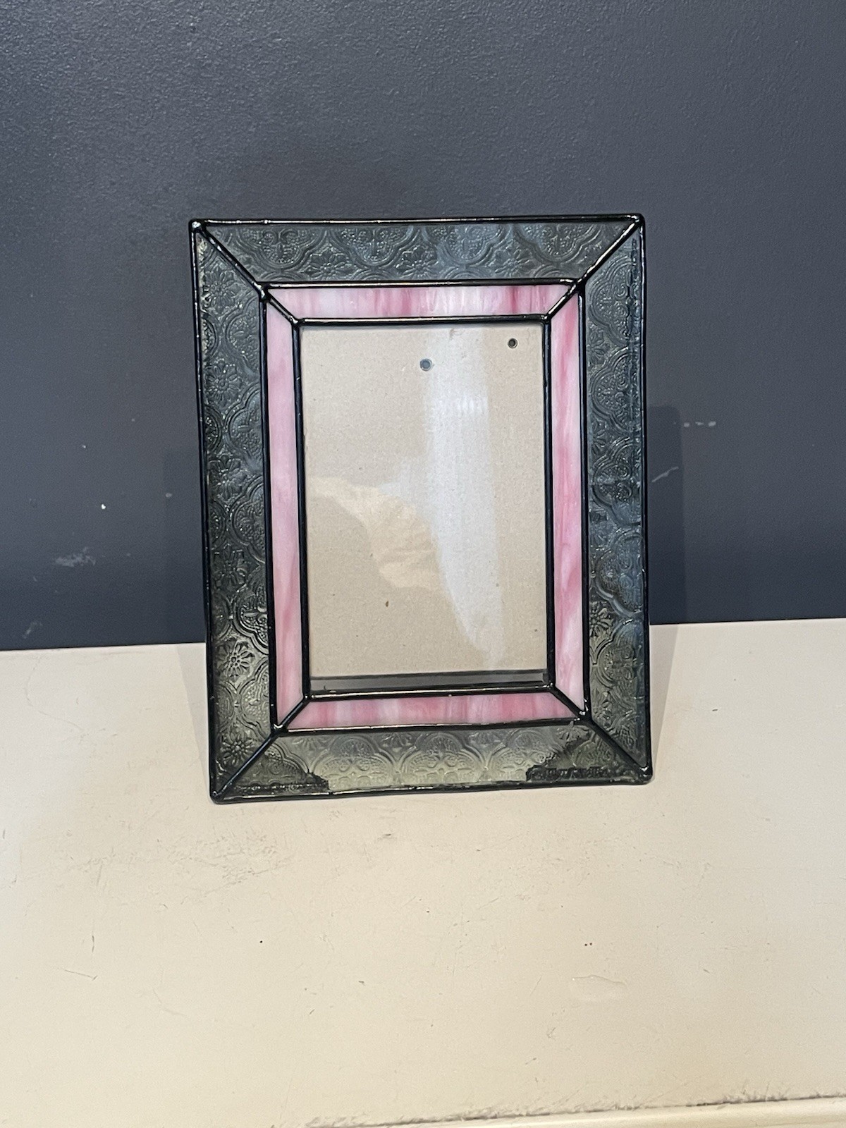 Vintage Stained Glass Picture Frame Pink Gray Floral Embossed 4x6 Tabletop