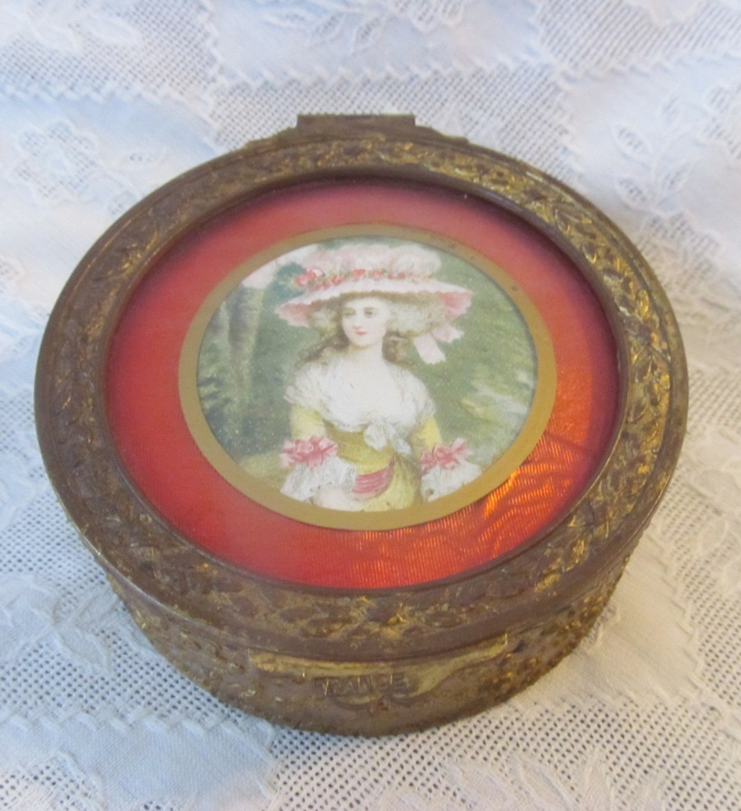 Antique 1800s Victorian French Portrait Gilded Jewelry Trinket Box w/Hinged Lid