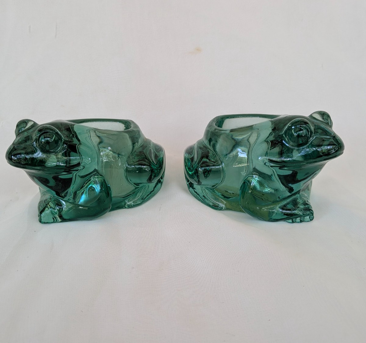 Two Vintage Indiana Glass Green Frog Votive Tea Light Candle Holder Paperweight