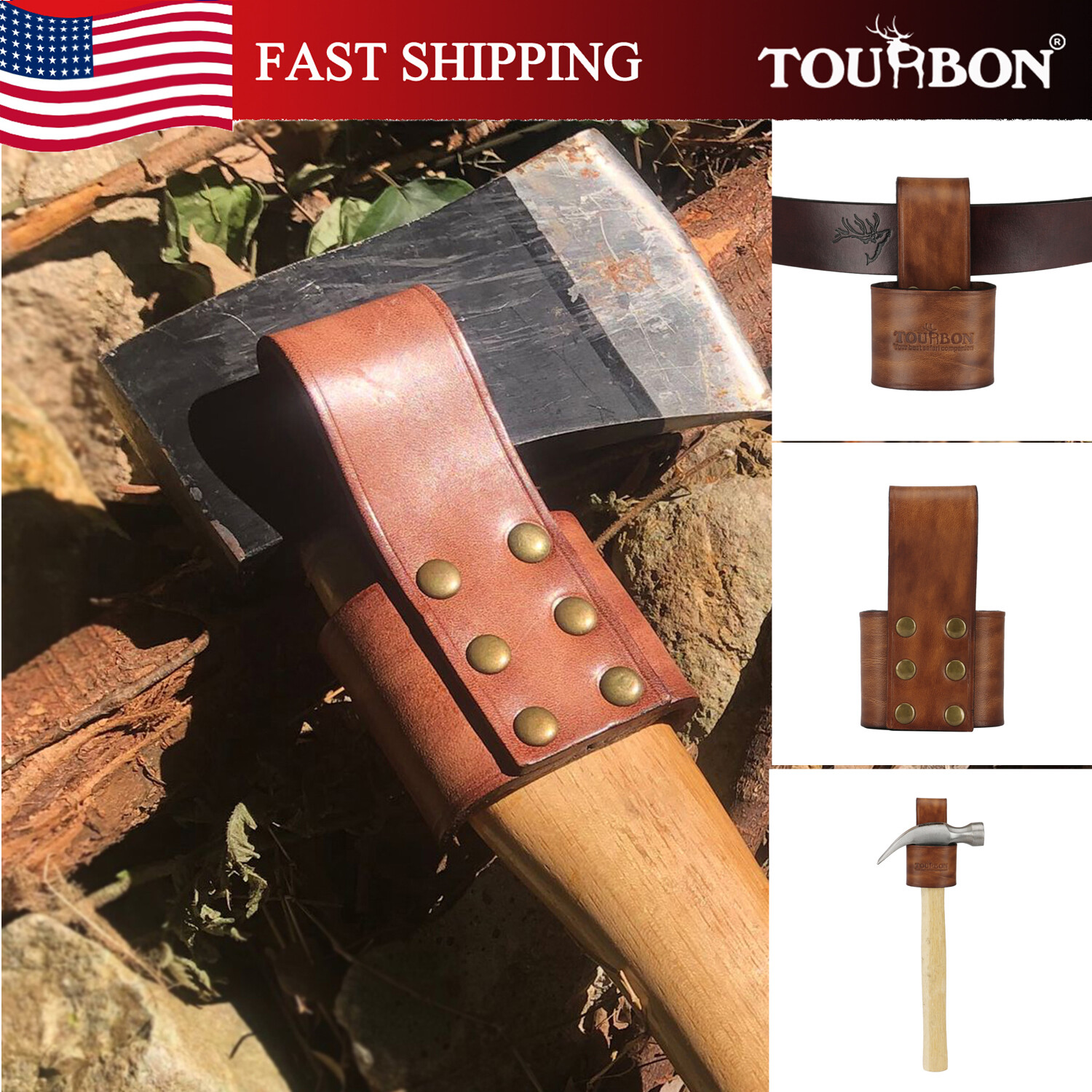 TOURBON Genuine Rustic Leather Tool Belt Hammer Holder for Axe Hatchet Camping TOURBON Genuine Rustic Leather Tool Belt Hammer Holder for Axe Hatchet Camping