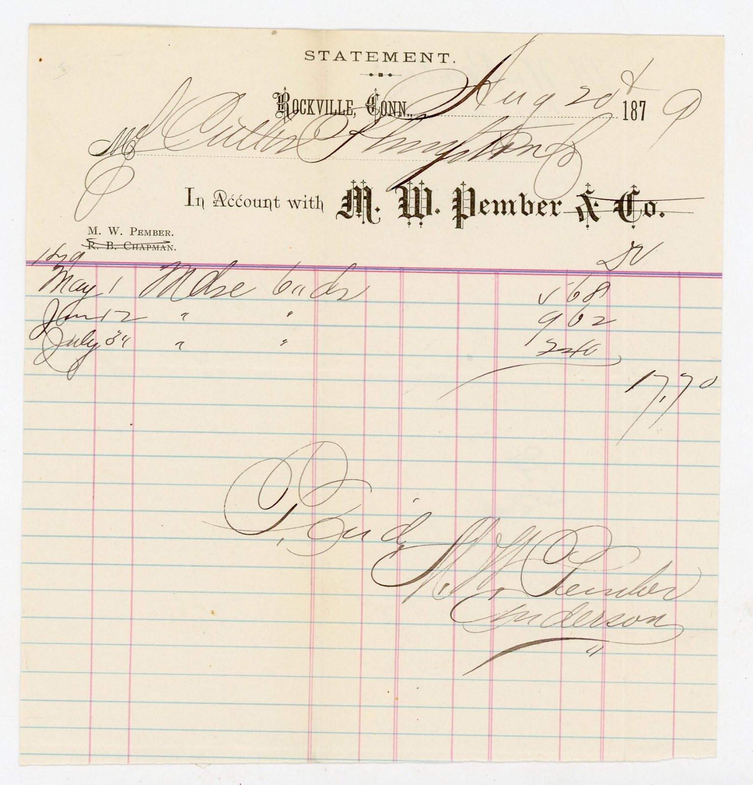 1879 M.W. Pember & Co. Statement Receipt – Rockville, Connecticut 1879 M.W. Pember & Co. Statement Receipt – Rockville, Connecticut