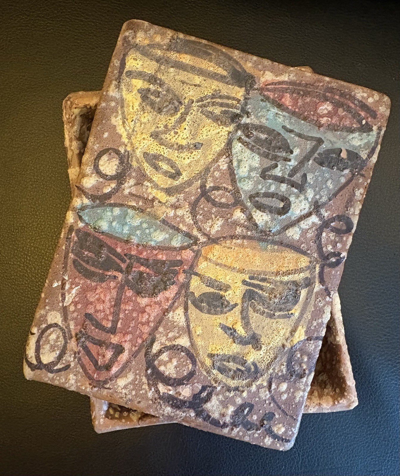Vtg MCM Bitossi Style Abstract Faces Lidded Pottery Trinket Box Made in Italy