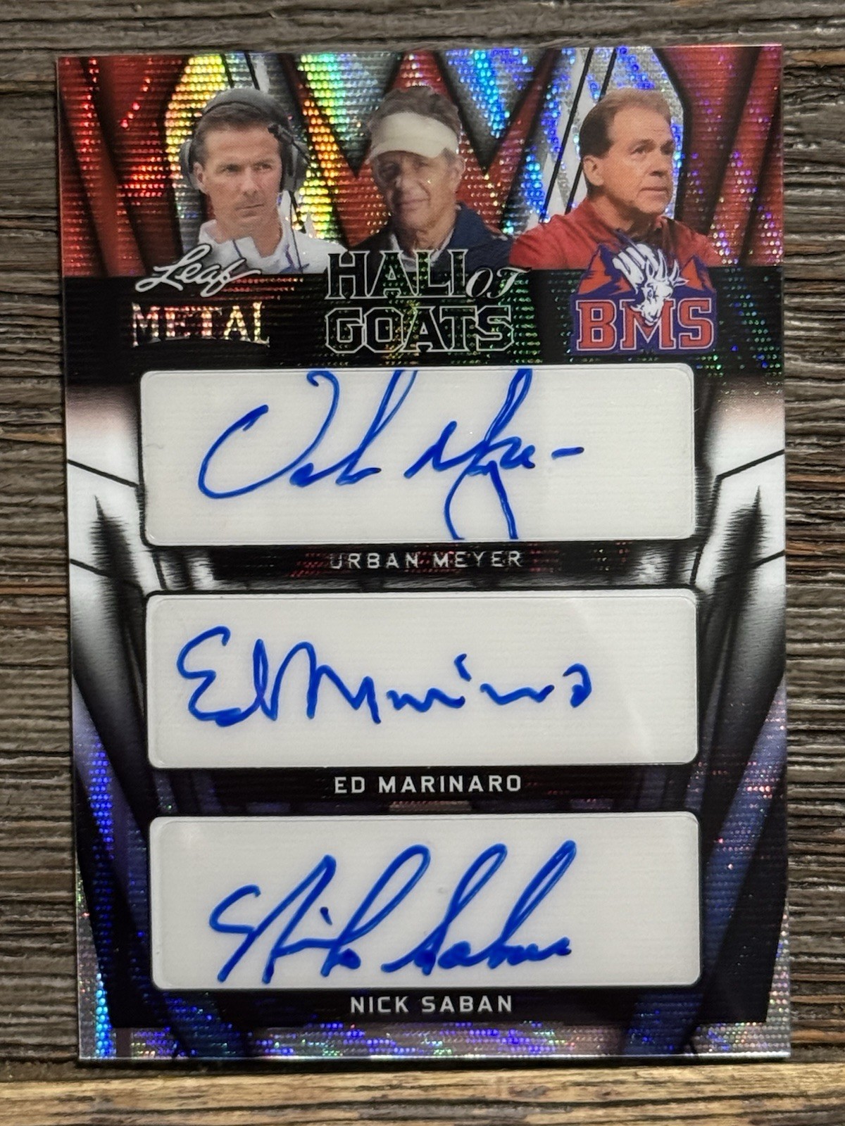 2024 Leaf Metal Blue Mountain State Hall Of Goats Saban Meyer Marinaro Auto 1/1