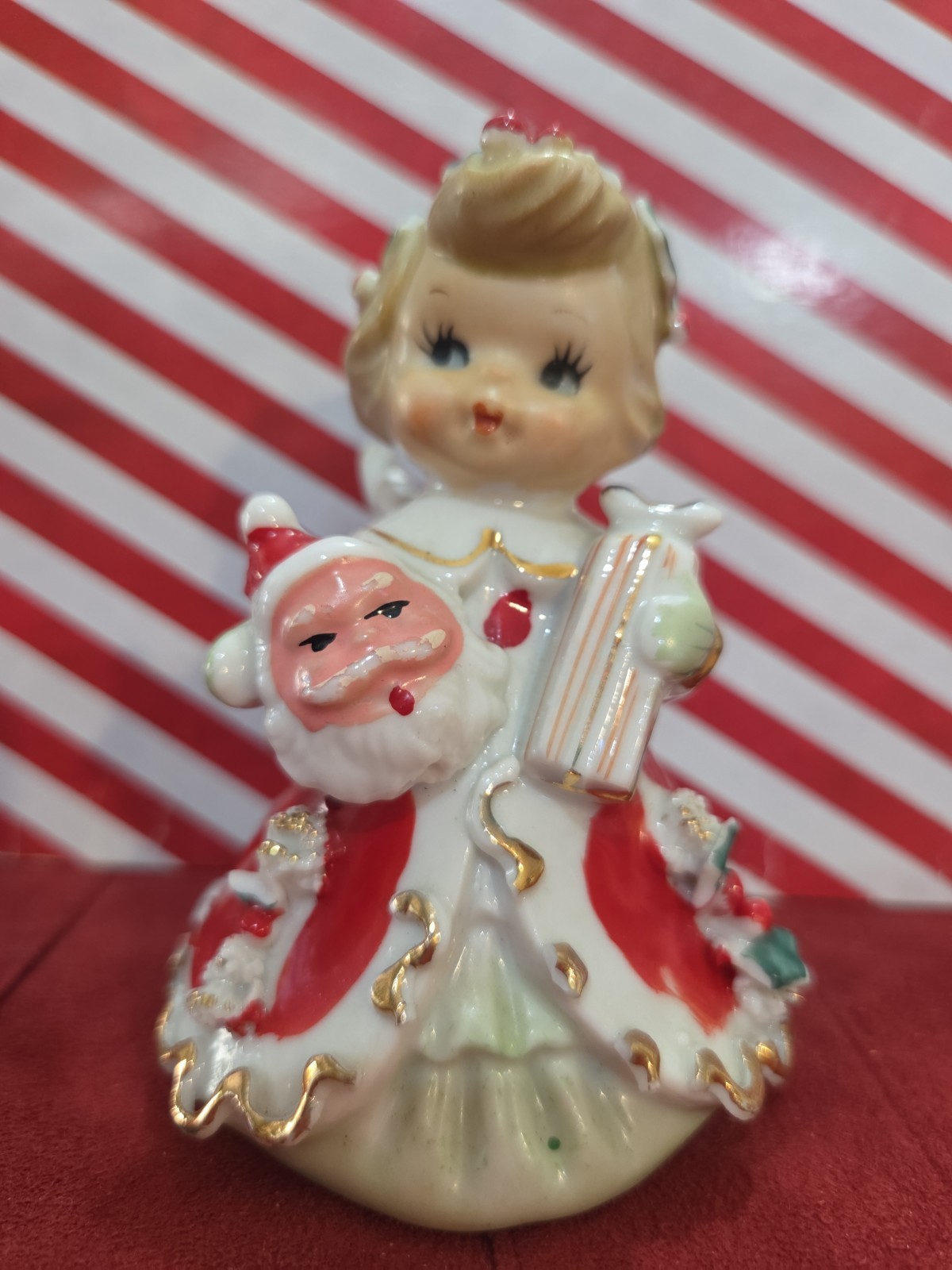 Vintage Lefton Christmas Angel Figurine Bell w/Santa Face & Present, Japan Read Vintage Lefton Christmas Angel Figurine Bell w/Santa Face & Present, Japan Read