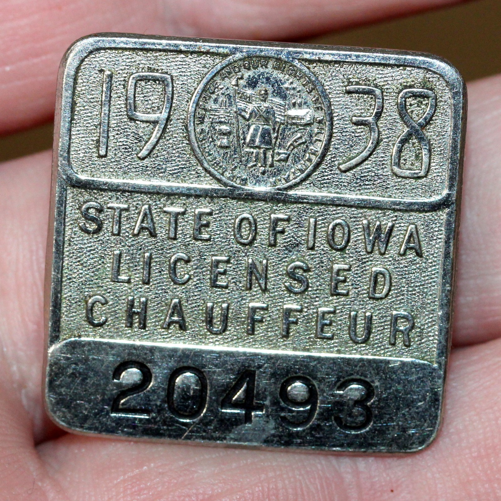 Vintage 1938 State of IOWA Chauffeur Metal Badge Pin Very Good Condition #20493 Vintage 1938 State of IOWA Chauffeur Metal Badge Pin Very Good Condition #20493