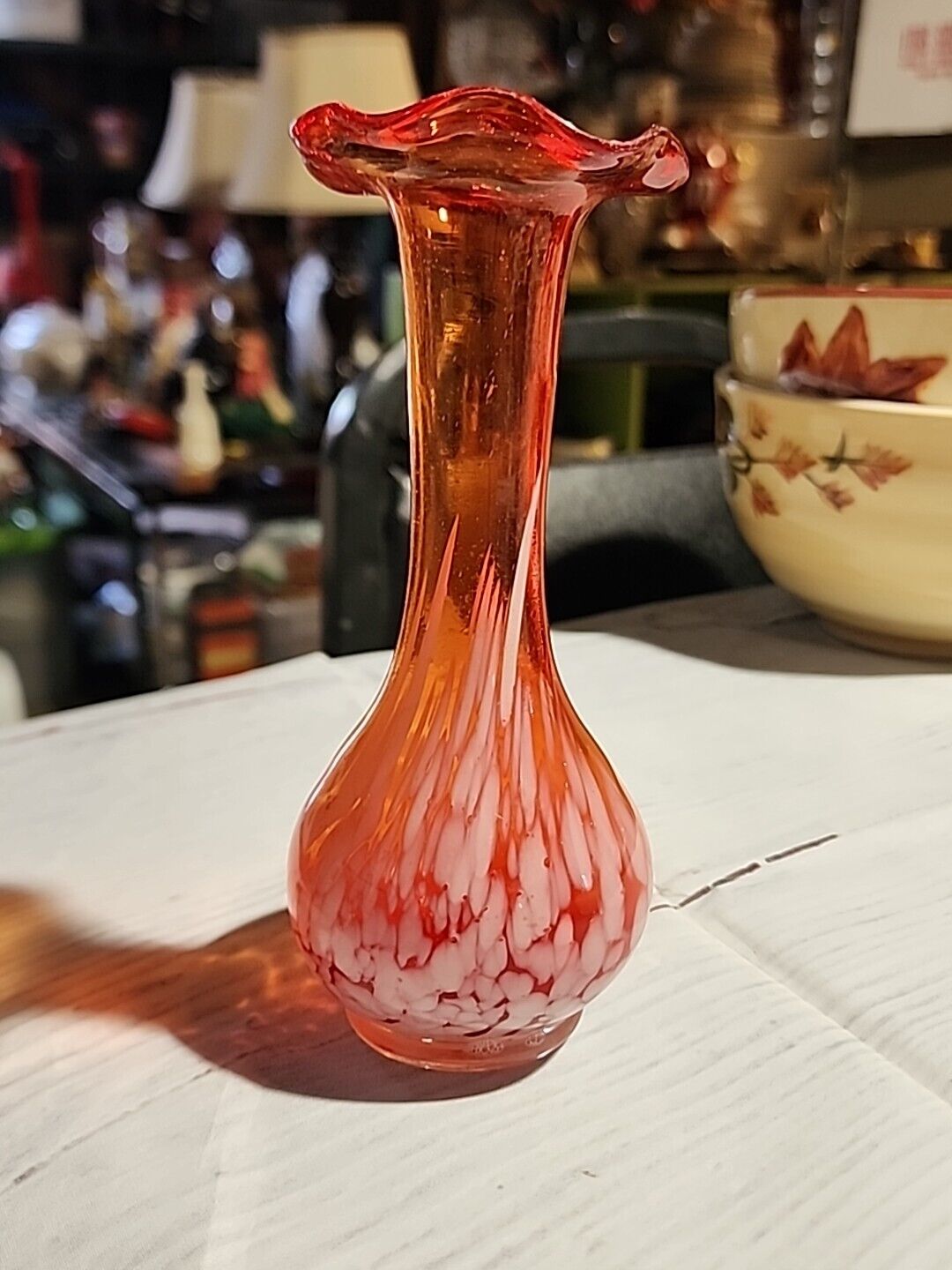 Hand Blown Glass Red and White Vase with Ruffle Top. Very Nice