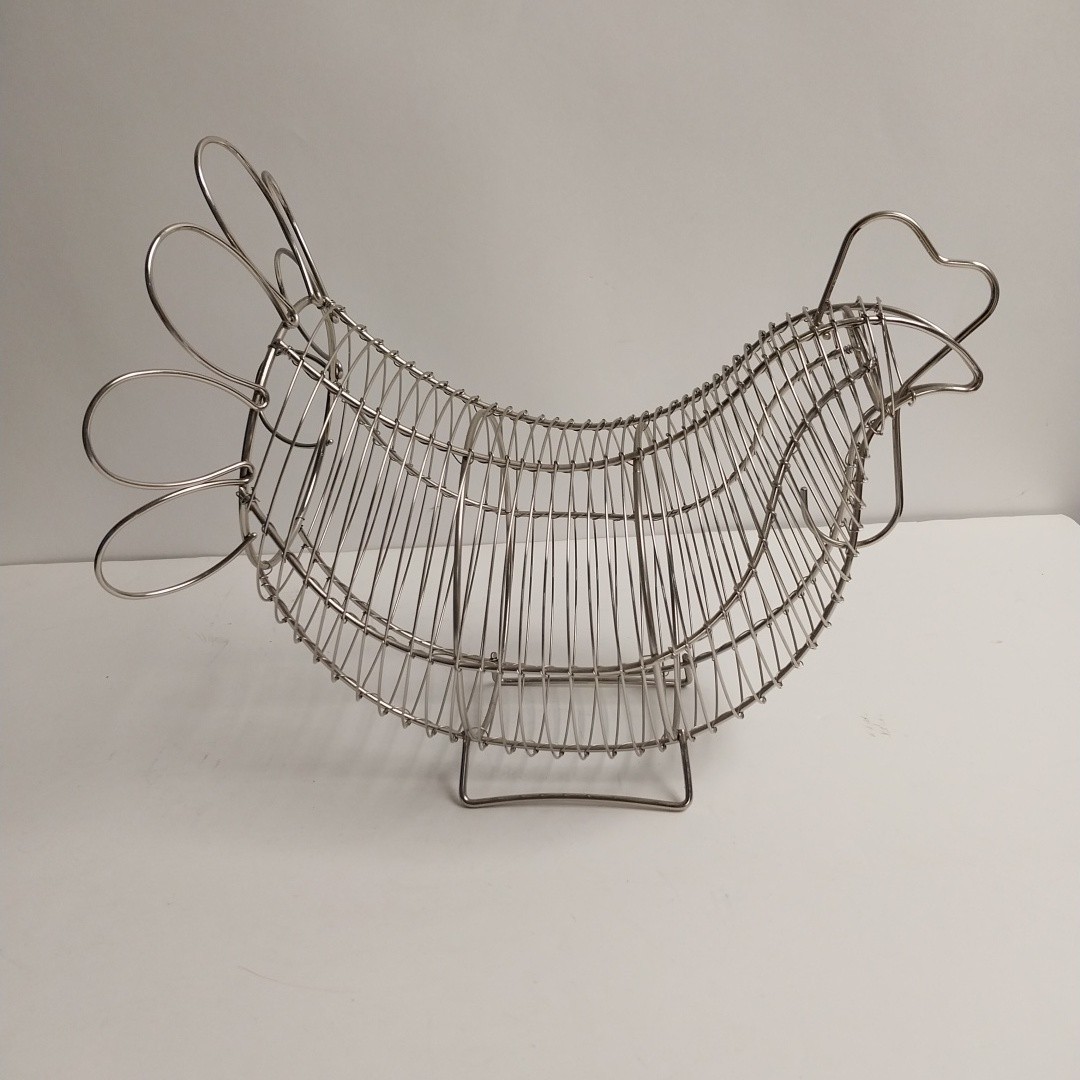 Vintage Chrome Wire Egg Basket Chicken Shaped Large Rear Entry with Feathers
