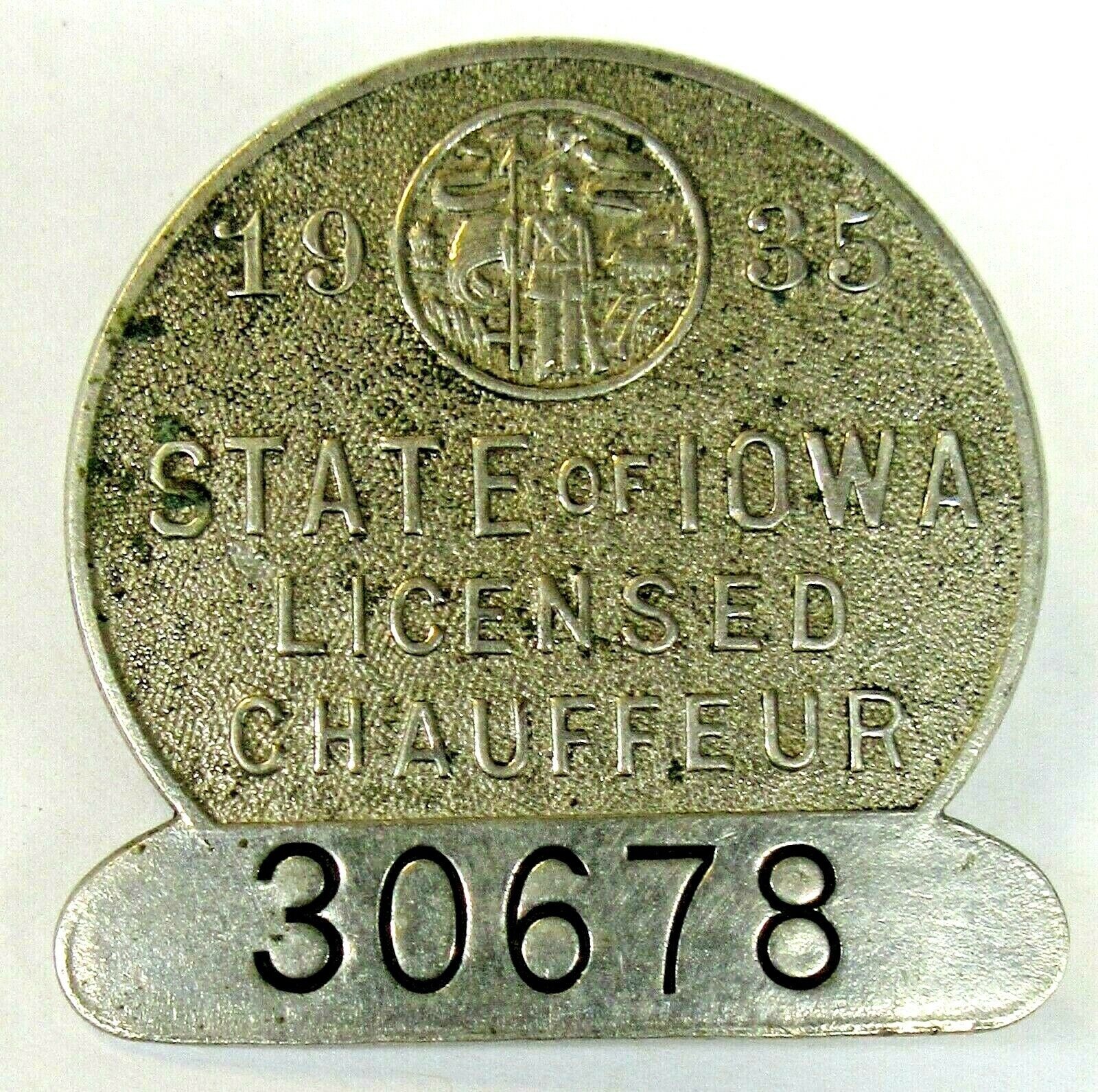 1935 IOWA Licensed Chauffeur metal badge pinback pin ^