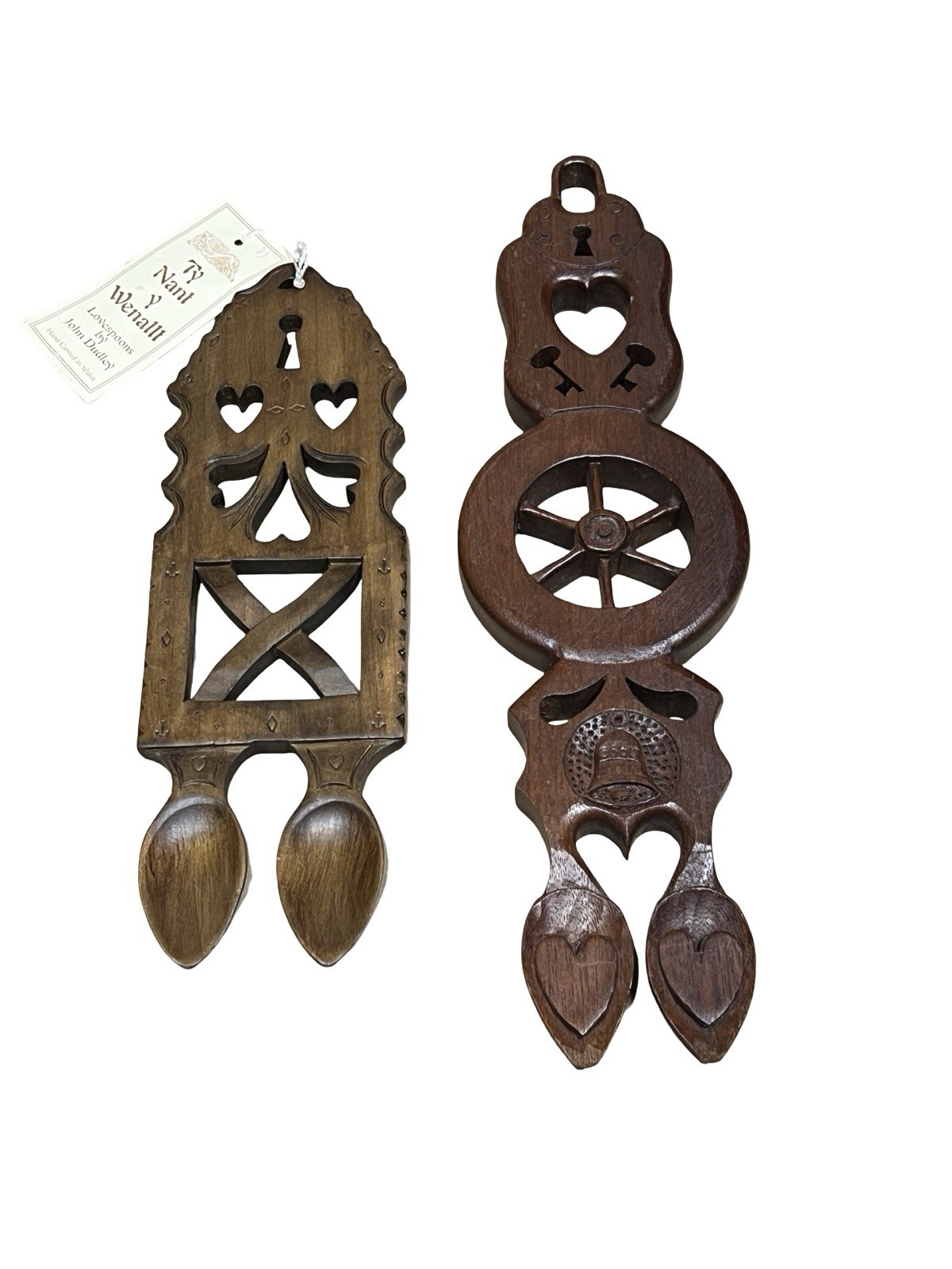 Vintage Pair Welsh lovespoon wall hanging Wooden hand carved love spoon Folk Art
