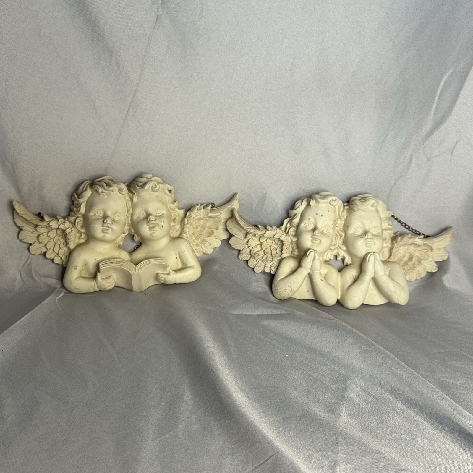 Vtg Chalk Plaster Ware Angel Cherub Figurine Wall Hanging Sculptures Goth Moody