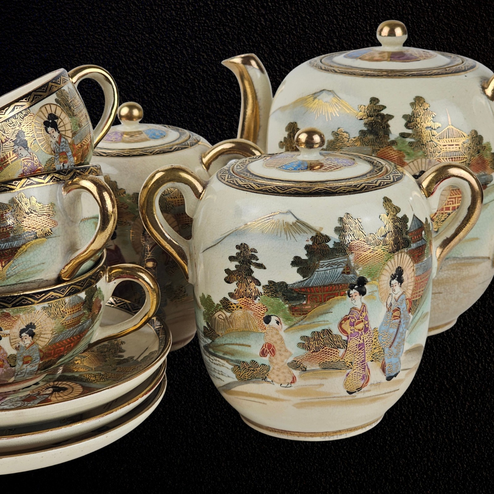 Antique Japanese Satsuma Tea Set Hand-Painted Traditional Taisho Period 9 pieces