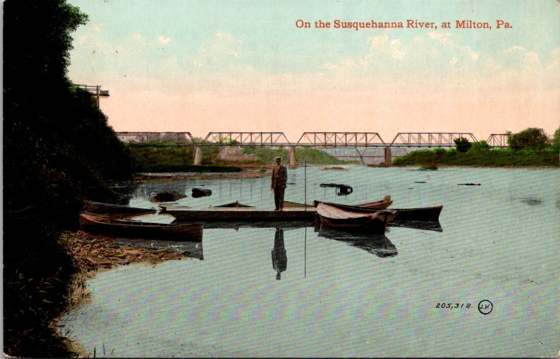 Postcard Pennsylvania PA  Milton Susquehanna River Man on Pier Posted 1914