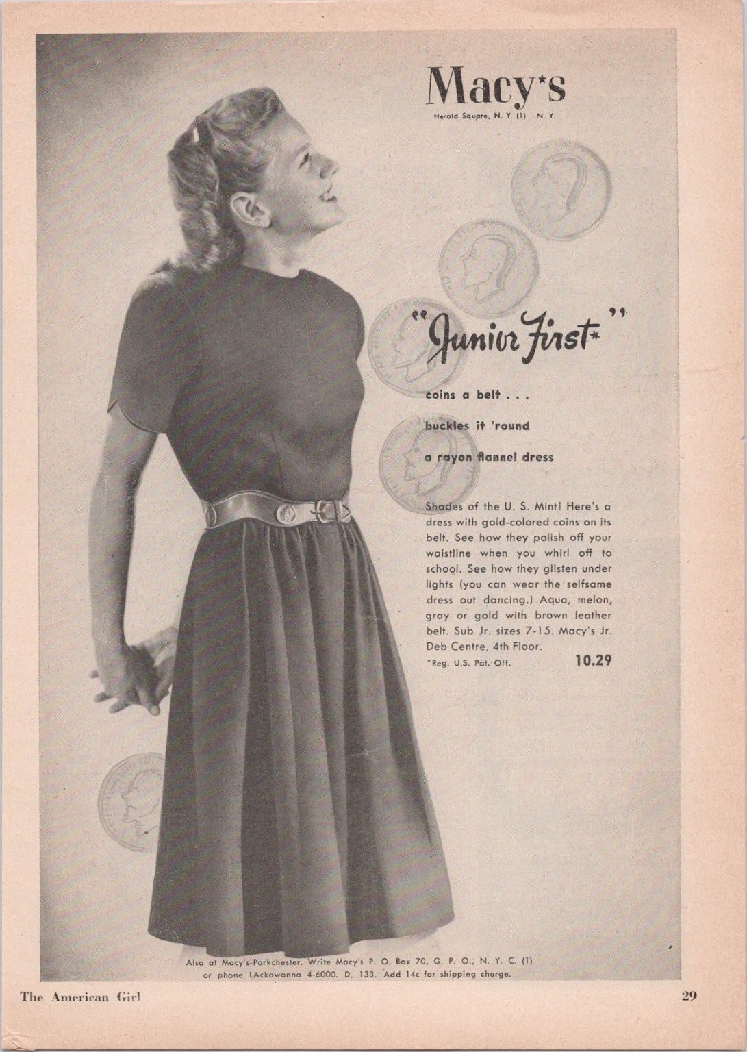 Macy\'s Junior First Dress Magazine Ad Vintage Rayon Flannel Coin Belt 1946 Macy\'s Junior First Dress Magazine Ad Vintage Rayon Flannel Coin Belt 1946