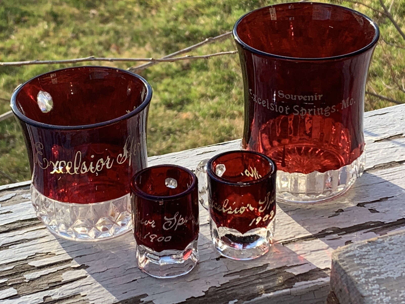 ANTIQUE 1900s DATED 4pc RUBY RED COLLECTION EXCELSIOR SPRINGS MISSOURI (16C) ANTIQUE 1900s DATED 4pc RUBY RED COLLECTION EXCELSIOR SPRINGS MISSOURI (16C)