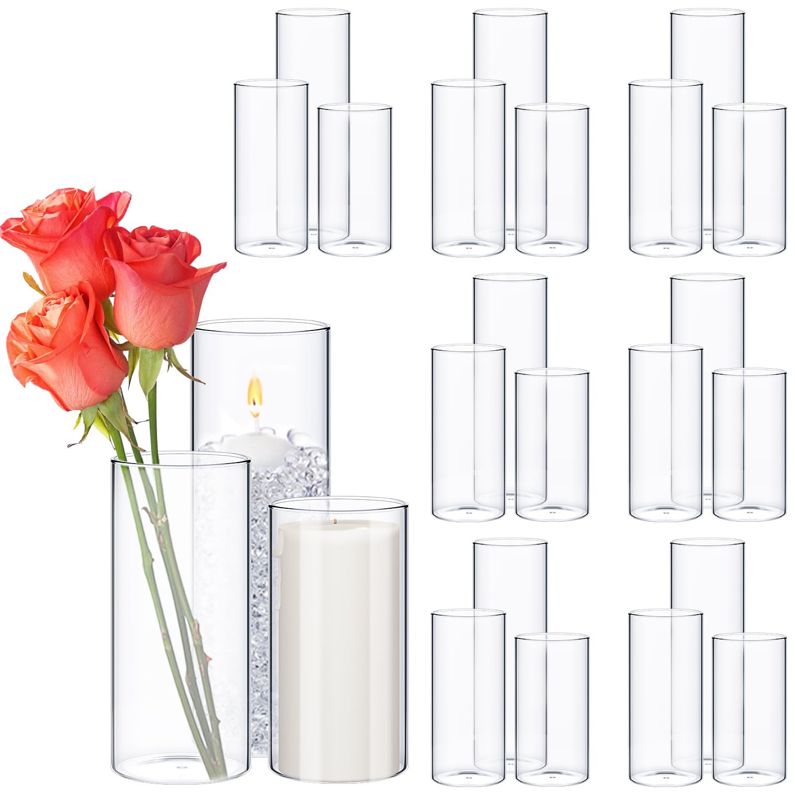 Sawysine 24 Pcs Glass Cylinder Vases Clear 2.5/2.95/3.9 in Diameter 8/10/12 in