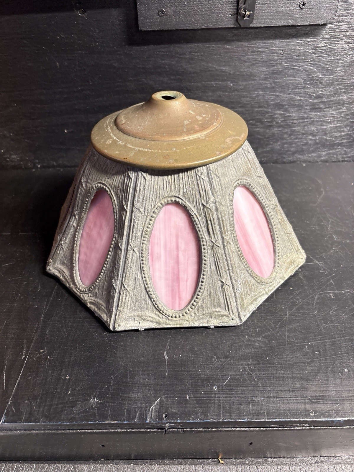 A Beautiful Antique 8 Panel Art Nouveau Pink Slag Glass & Bronze 6” Lamp Shade A Beautiful Antique 8 Panel Art Nouveau Pink Slag Glass & Bronze 6” Lamp Shade